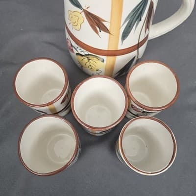 Vintage Nasco ? Ceramic Pitcher And Cups Glasses Juice Drink Set Hand Painted - Thumbnail 4