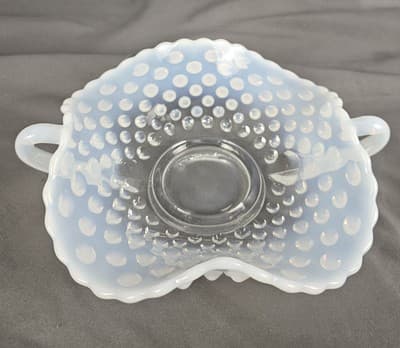 VTG Fenton Hobnail French Opalescent Square Ruffle Shaped Handled Bowl 7.50" L - Thumbnail 2