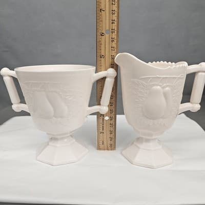 VTG Jeanette Pink Milk Glass Cream Pitcher & Sugar Bowl Baltimore Pear EX. COND. - Thumbnail 9