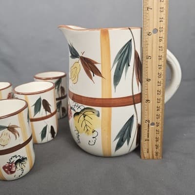 Vintage Nasco ? Ceramic Pitcher And Cups Glasses Juice Drink Set Hand Painted - Thumbnail 13