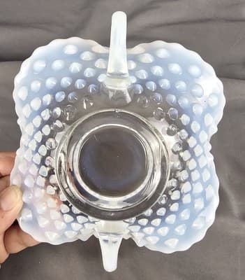 VTG Fenton Hobnail French Opalescent Square Ruffle Shaped Handled Bowl 7.50" L - Thumbnail 8