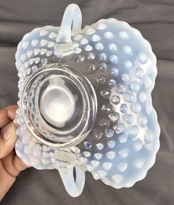 VTG Fenton Hobnail French Opalescent Square Ruffle Shaped Handled Bowl 7.50" L - Thumbnail 9