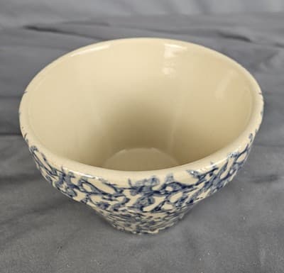 Antique Stoneware Pottery 6"D Blue Spongeware Mixing Bowl / Robinson Ransbottom - Thumbnail 2