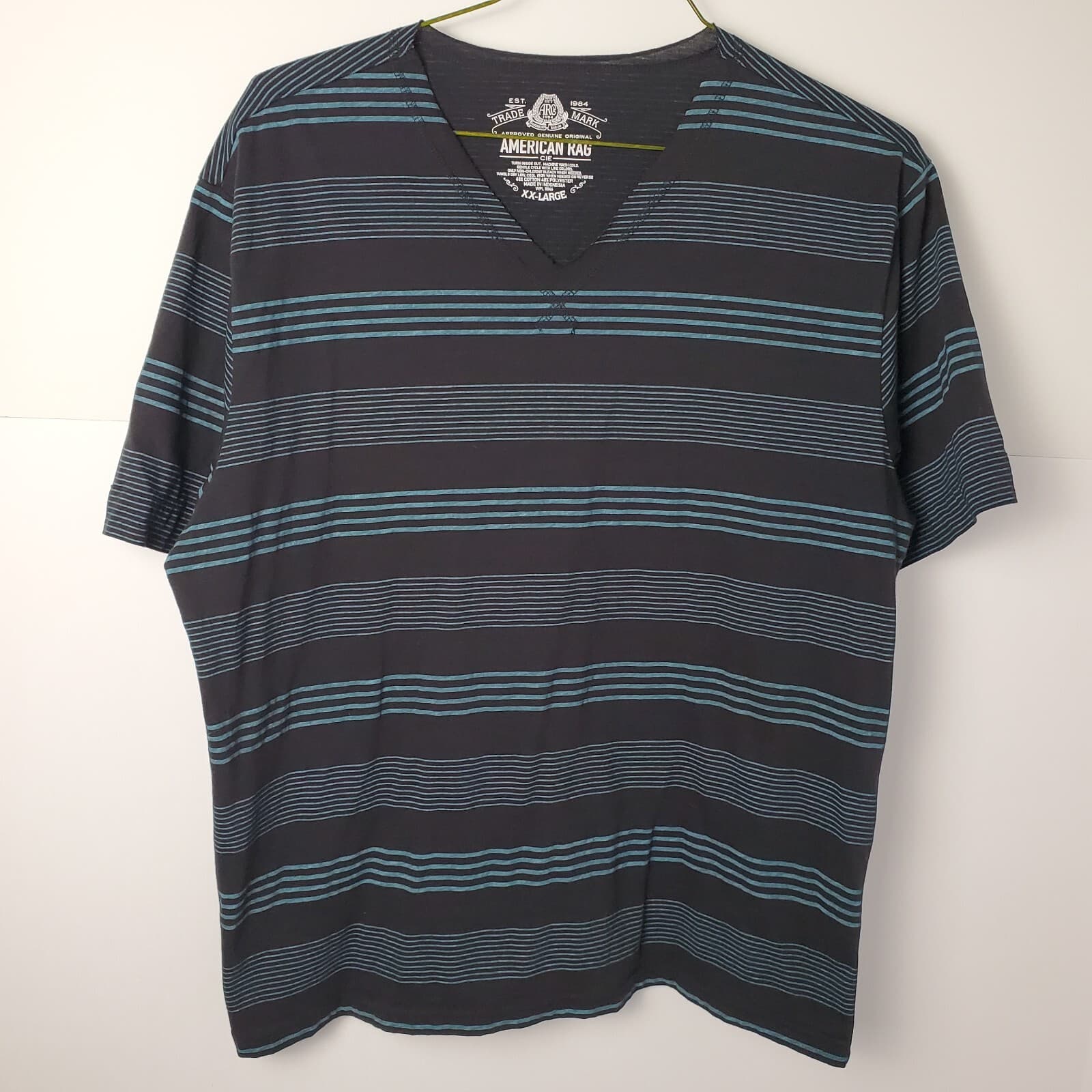 American Rag Mens T-Shirt Polo XXL Black Blue Striped Casual - Thumbnail 2