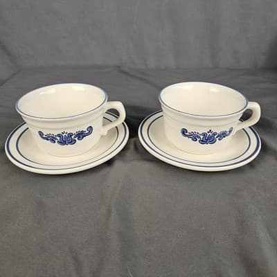 Pfaltzgraff Village Stoneware Cup & Saucer Blue Floral Set of 4 Coffee Tea Set-2 - Thumbnail 2