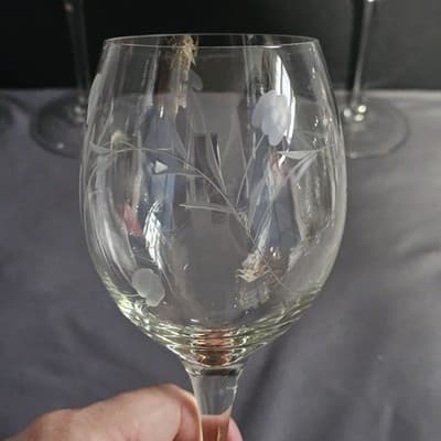 Vintage Bulgaria Hand Cut Crystal Wine Glasses Floral Set 4 Excellent 9" Tall - Thumbnail 4