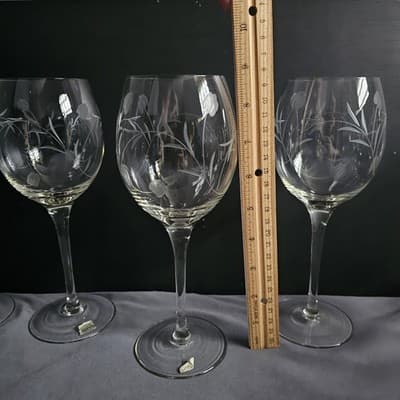 Vintage Bulgaria Hand Cut Crystal Wine Glasses Floral Set 4 Excellent 9" Tall - Thumbnail 11