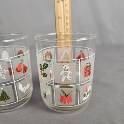 Vtg Libbey Set 2 Christmas Low Ball Glasses Frosted Pane Bells Candy Cane Holly - Thumbnail 5
