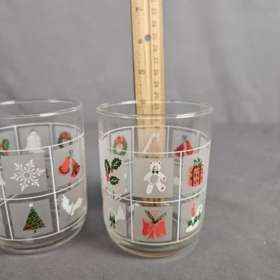 Vtg Libbey Set 2 Christmas Low Ball Glasses Frosted Pane Bells Candy Cane Holly - Thumbnail 6
