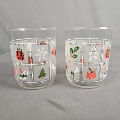 Vtg Libbey Set 2 Christmas Low Ball Glasses Frosted Pane Bells Candy Cane Holly - Thumbnail 2