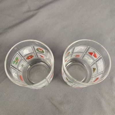 Vtg Libbey Set 2 Christmas Low Ball Glasses Frosted Pane Bells Candy Cane Holly - Thumbnail 3