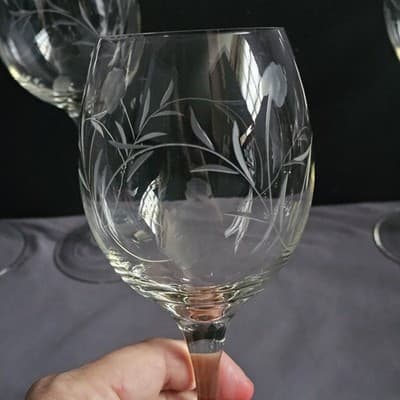 Vintage Bulgaria Hand Cut Crystal Wine Glasses Floral Set 4 Excellent 9" Tall - Thumbnail 10