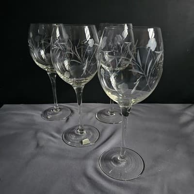 Vintage Bulgaria Hand Cut Crystal Wine Glasses Floral Set 4 Excellent 9" Tall - Thumbnail 14