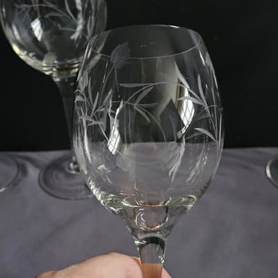 Vintage Bulgaria Hand Cut Crystal Wine Glasses Floral Set 4 Excellent 9" Tall - Thumbnail 8