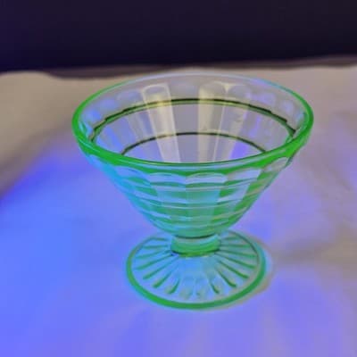 Green Uranium Depression Glass Sherbet Dish VTG Anchor Hocking Block Optic 1930s - Thumbnail 3