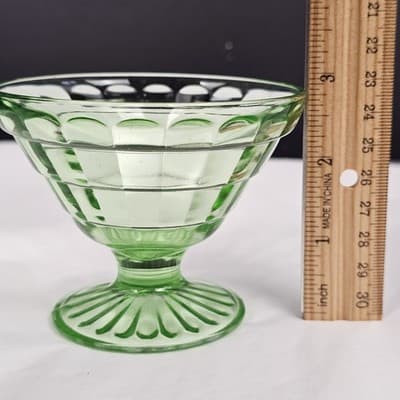 Green Uranium Depression Glass Sherbet Dish VTG Anchor Hocking Block Optic 1930s - Thumbnail 5