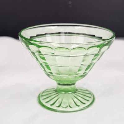 Green Uranium Depression Glass Sherbet Dish VTG Anchor Hocking Block Optic 1930s - Thumbnail 6