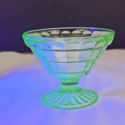 Green Uranium Depression Glass Sherbet Dish VTG Anchor Hocking Block Optic 1930s - Thumbnail 2
