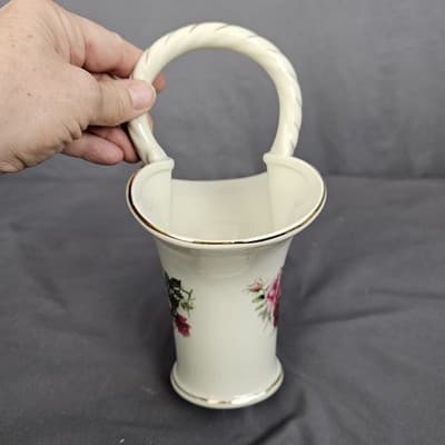 Vintage Victorian Roses Porcelain Basket Vase Handle Gold Accents Formalities - Thumbnail 11