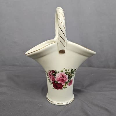 Vintage Victorian Roses Porcelain Basket Vase Handle Gold Accents Formalities - Thumbnail 3