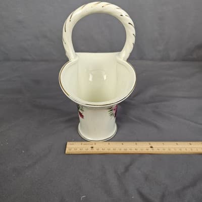 Vintage Victorian Roses Porcelain Basket Vase Handle Gold Accents Formalities - Thumbnail 8