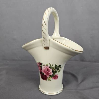 Vintage Victorian Roses Porcelain Basket Vase Handle Gold Accents Formalities - Thumbnail 2