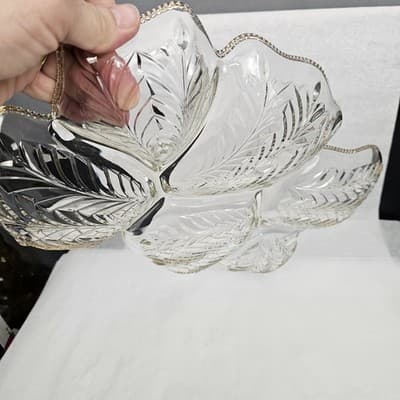 Jeannette Glass - Feather Pattern, Gold Trim, Divided Relish Tray Vintage 1950's - Thumbnail 5