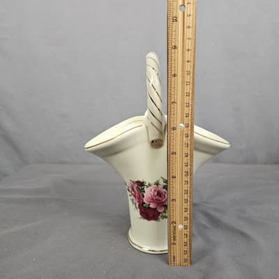 Vintage Victorian Roses Porcelain Basket Vase Handle Gold Accents Formalities - Thumbnail 6
