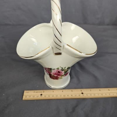 Vintage Victorian Roses Porcelain Basket Vase Handle Gold Accents Formalities - Thumbnail 7