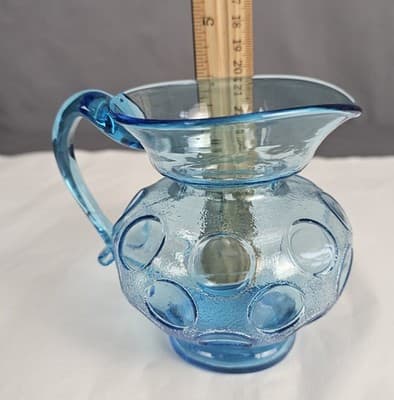 Vintage Fenton Blue Glass Coinspot Opalescent Water Pitcher 4" Tall - Thumbnail 7