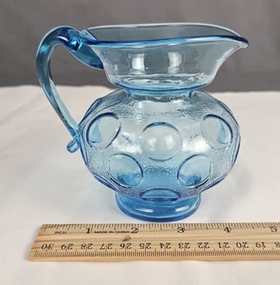 Vintage Fenton Blue Glass Coinspot Opalescent Water Pitcher 4" Tall - Thumbnail 6