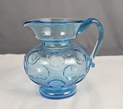 Vintage Fenton Blue Glass Coinspot Opalescent Water Pitcher 4" Tall - Thumbnail 2