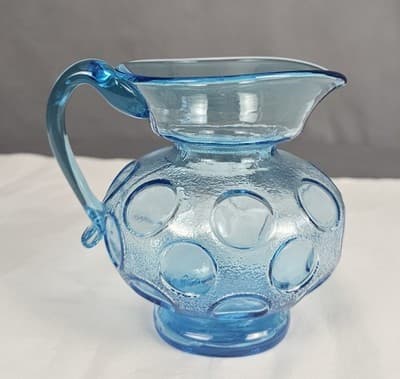 Vintage Fenton Blue Glass Coinspot Opalescent Water Pitcher 4" Tall - Thumbnail 4