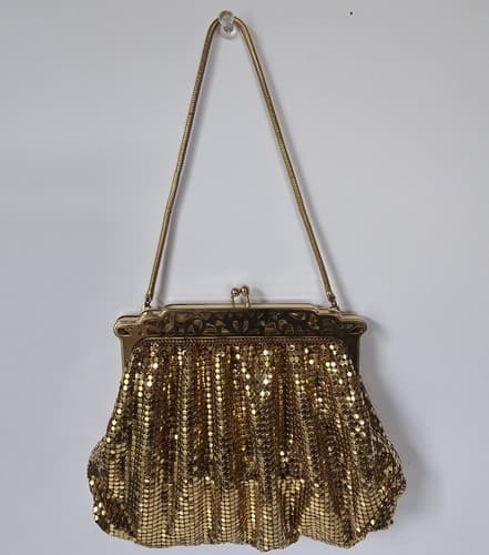 Whiting & Davis Gold Metal Mesh Evening Hand Bag Snake Chain Handle - Thumbnail 2