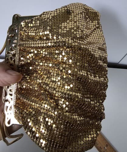 Whiting & Davis Gold Metal Mesh Evening Hand Bag Snake Chain Handle - Thumbnail 10