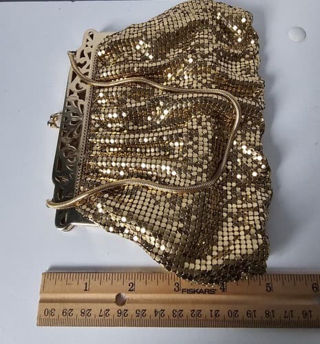 Whiting & Davis Gold Metal Mesh Evening Hand Bag Snake Chain Handle - Thumbnail 9