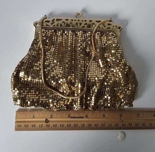 Whiting & Davis Gold Metal Mesh Evening Hand Bag Snake Chain Handle - Thumbnail 7