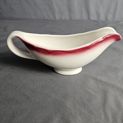 Sterling China Restaurant Ware Gravy Boat White Ceramic with Red Accent 8 oz. - Thumbnail 2