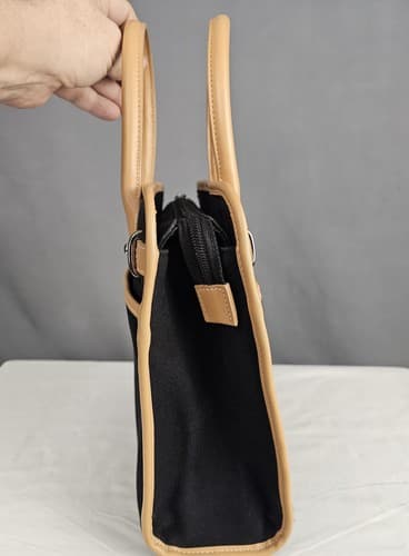 Etienne Aigner Black Beige Canvas Leather Trim Bag Purse Handbags Medium Zipper - Thumbnail 5