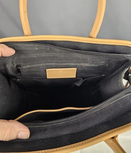 Etienne Aigner Black Beige Canvas Leather Trim Bag Purse Handbags Medium Zipper - Thumbnail 9