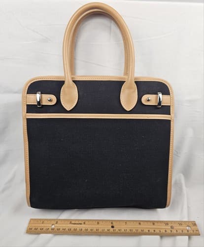 Etienne Aigner Black Beige Canvas Leather Trim Bag Purse Handbags Medium Zipper - Thumbnail 3
