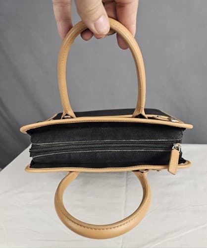 Etienne Aigner Black Beige Canvas Leather Trim Bag Purse Handbags Medium Zipper - Thumbnail 6