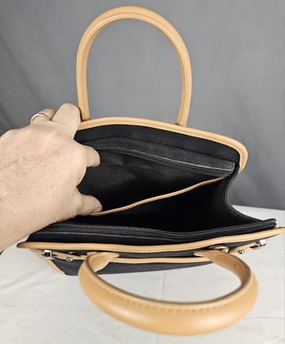 Etienne Aigner Black Beige Canvas Leather Trim Bag Purse Handbags Medium Zipper - Thumbnail 8