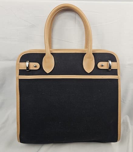 Etienne Aigner Black Beige Canvas Leather Trim Bag Purse Handbags Medium Zipper - Thumbnail 2