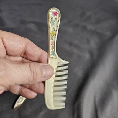 Vintage Child's Comb & Mirror Set in Case Floral Design Made in England 5" Long - Thumbnail 9