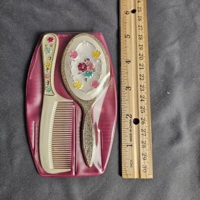 Vintage Child's Comb & Mirror Set in Case Floral Design Made in England 5" Long - Thumbnail 2