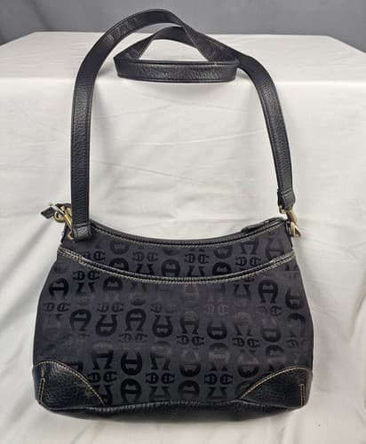 Etienne Aigner Vtg Signature Logo Print Handbag Purse Bag Bronze Black - Thumbnail 3
