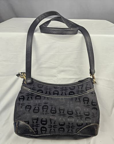 Etienne Aigner Vtg Signature Logo Print Handbag Purse Bag Bronze Black - Thumbnail 4