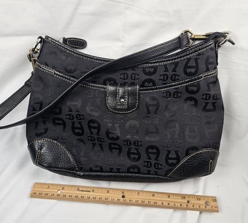 Etienne Aigner Vtg Signature Logo Print Handbag Purse Bag Bronze Black - Thumbnail 5