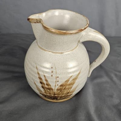 Stoneware Pottery Pitcher with Handle Hand Painted Leaves Tan with Brown USA - Thumbnail 2